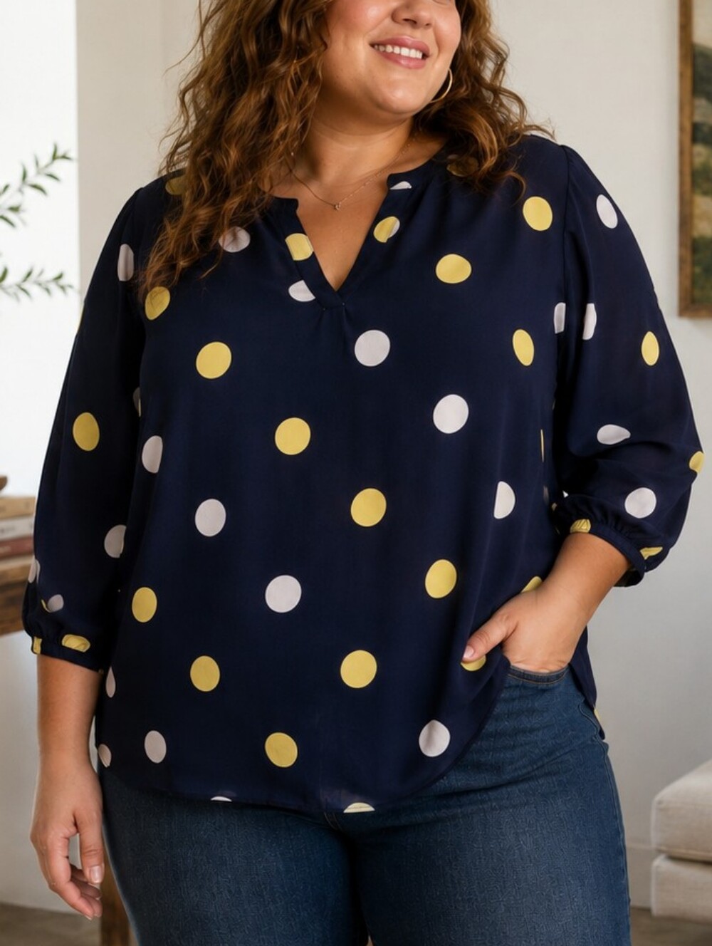 Anne Klein Navy Polka Dot V-Neck Blouse Size 3x